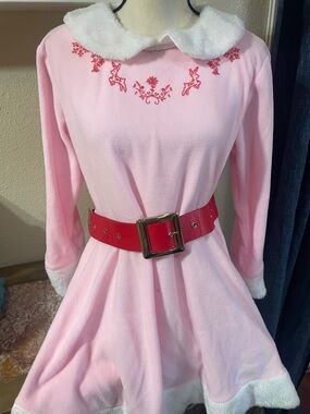 Elves Pink Faux-Fur Trim costume with Red Belt (no hat, no shoe covers)